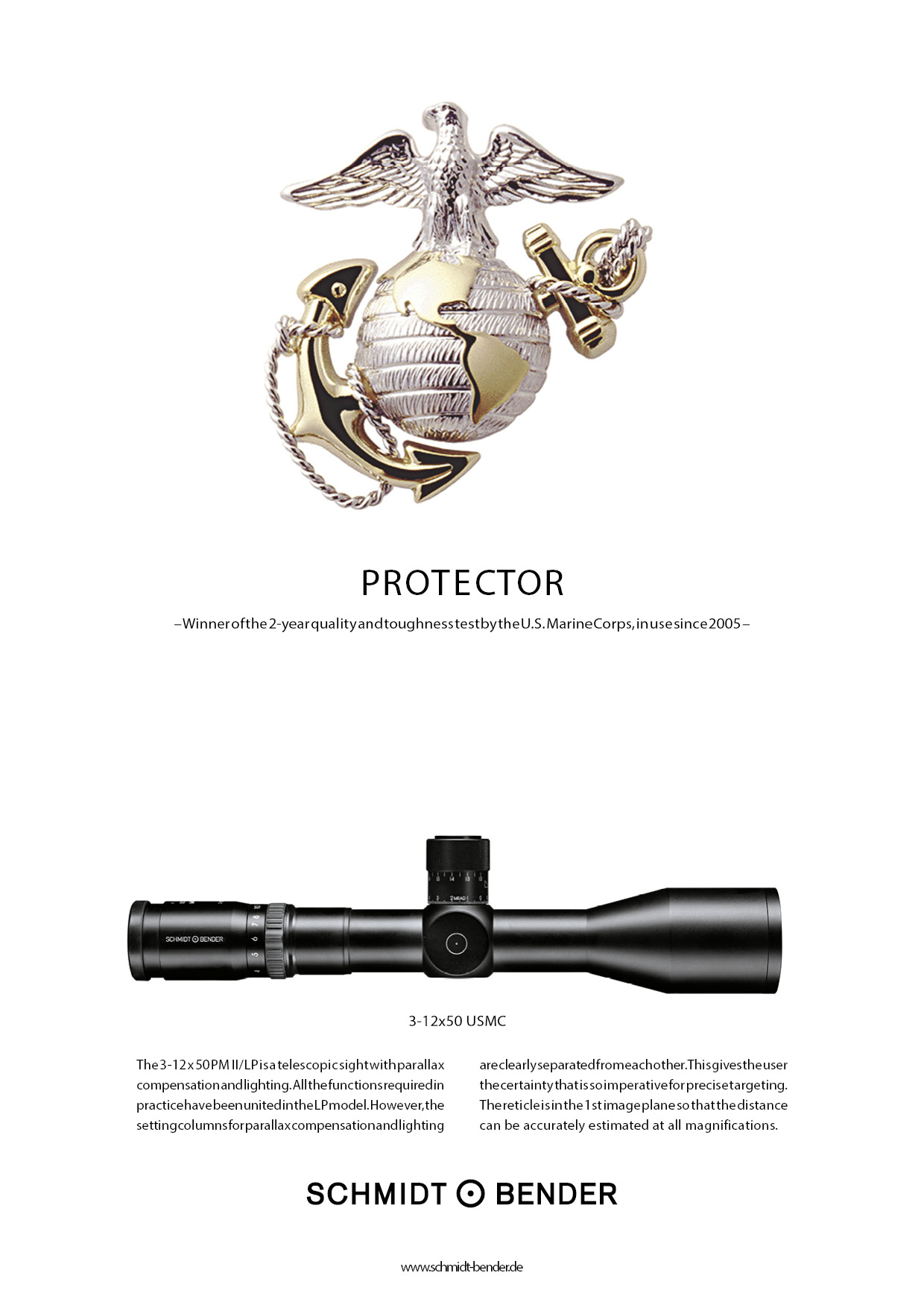 Werbeanzeige „Protector“ für das 3-12x50 PM II mit Logo des U.S. Marine Corps
